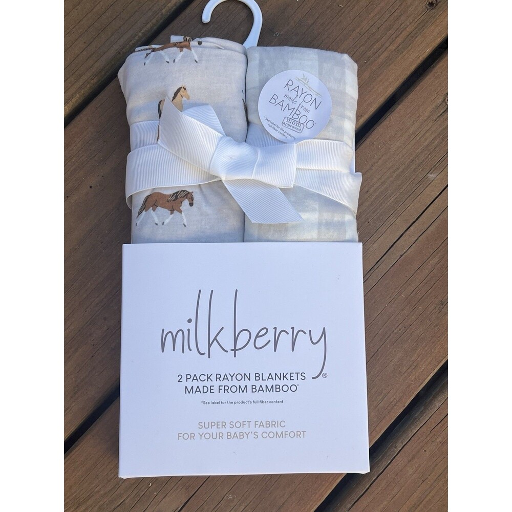 Milkberry Farm Horses Swaddling Blankets Newborn Rayon Bamboo Gray Plaid New
